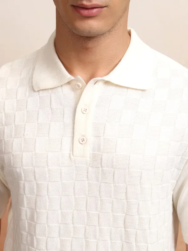 Highlander Men Off White Self Design Polo Collar T-Shirt