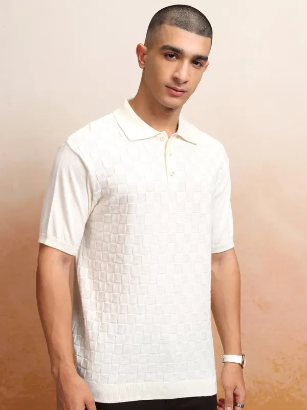 Highlander Men Off White Self Design Polo Collar T-Shirt