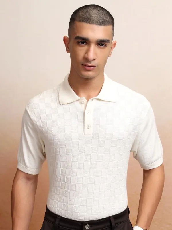 Highlander Men Off White Self Design Polo Collar T-Shirt