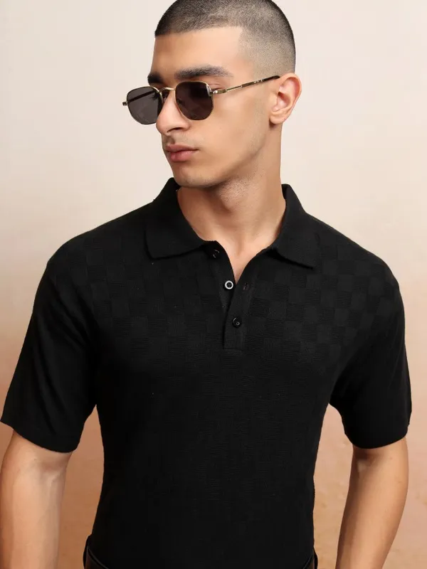 Highlander Men Black Self Design Polo Collar T-Shirt