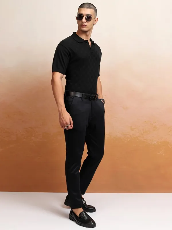 Highlander Men Black Self Design Polo Collar T-Shirt