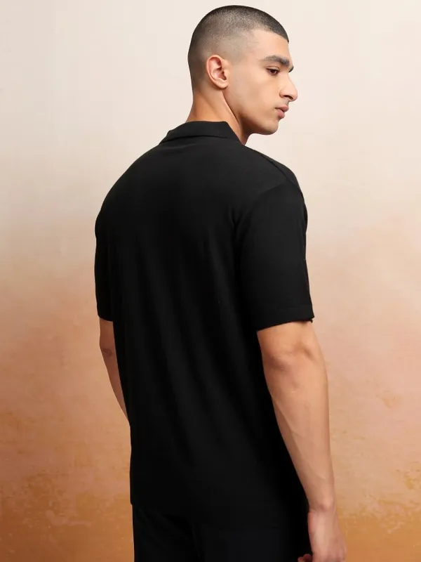 Highlander Men Black Self Design Polo Collar T-Shirt