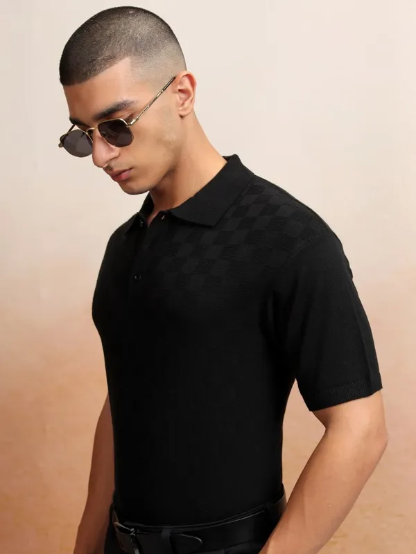 Highlander Men Black Self Design Polo Collar T-Shirt