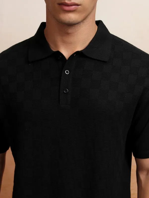Highlander Men Black Self Design Polo Collar T-Shirt