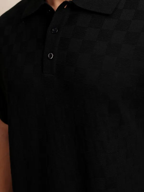 Highlander Men Black Self Design Polo Collar T-Shirt