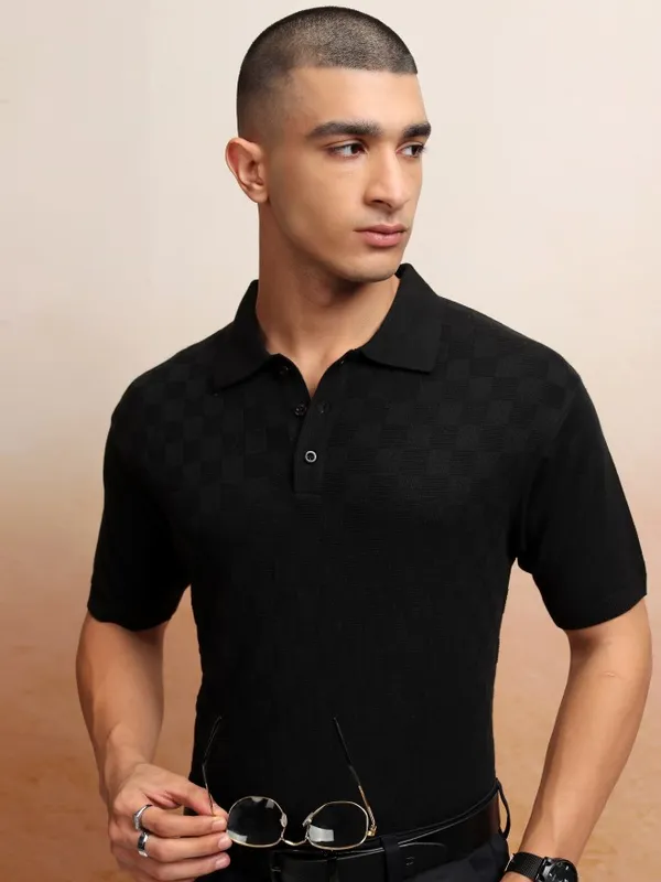 Highlander Men Black Self Design Polo Collar T-Shirt