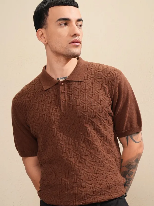 Highlander Men Brown Self Design Polo Collar T-Shirt