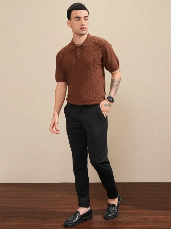 Highlander Men Brown Self Design Polo Collar T-Shirt