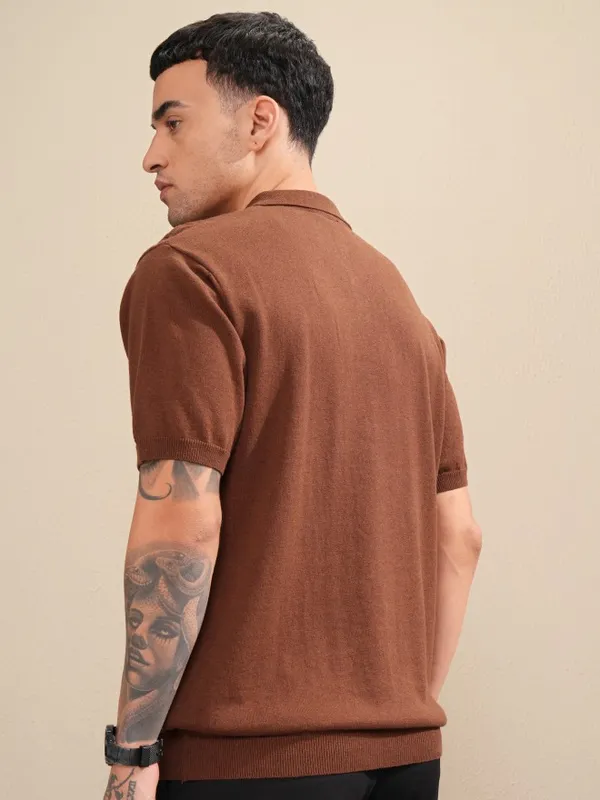 Highlander Men Brown Self Design Polo Collar T-Shirt