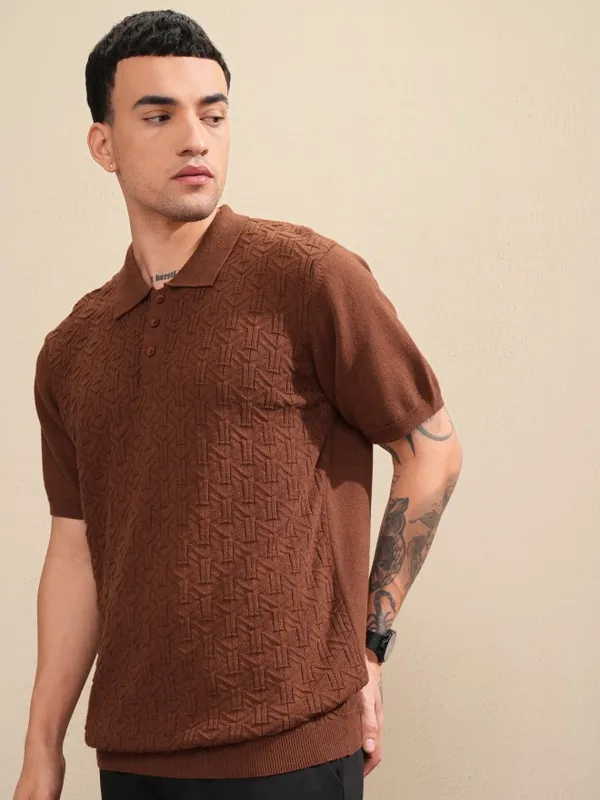 Highlander Men Brown Self Design Polo Collar T-Shirt