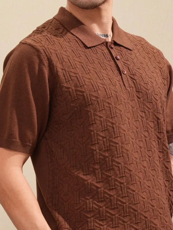 Highlander Men Brown Self Design Polo Collar T-Shirt