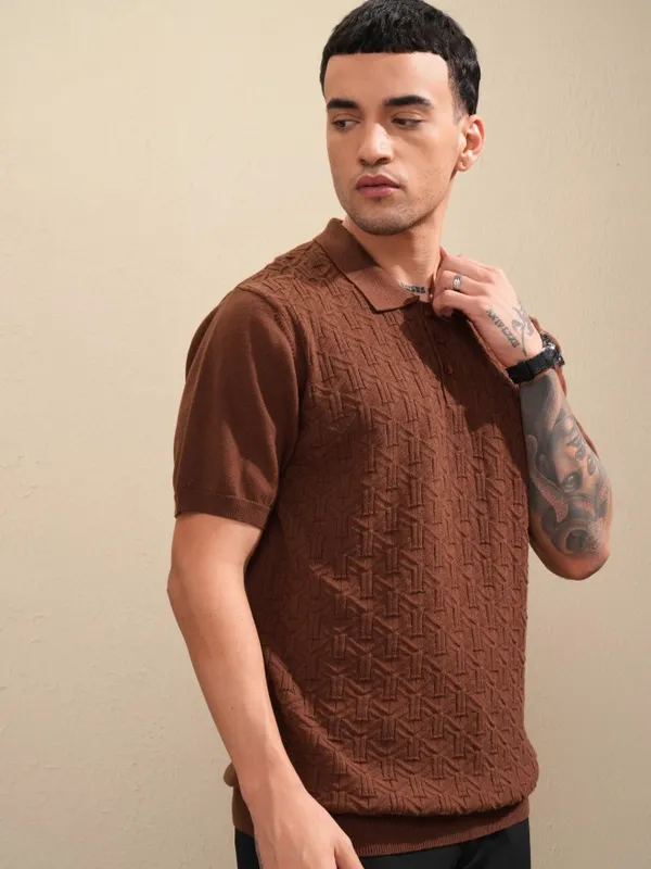 Highlander Men Brown Self Design Polo Collar T-Shirt