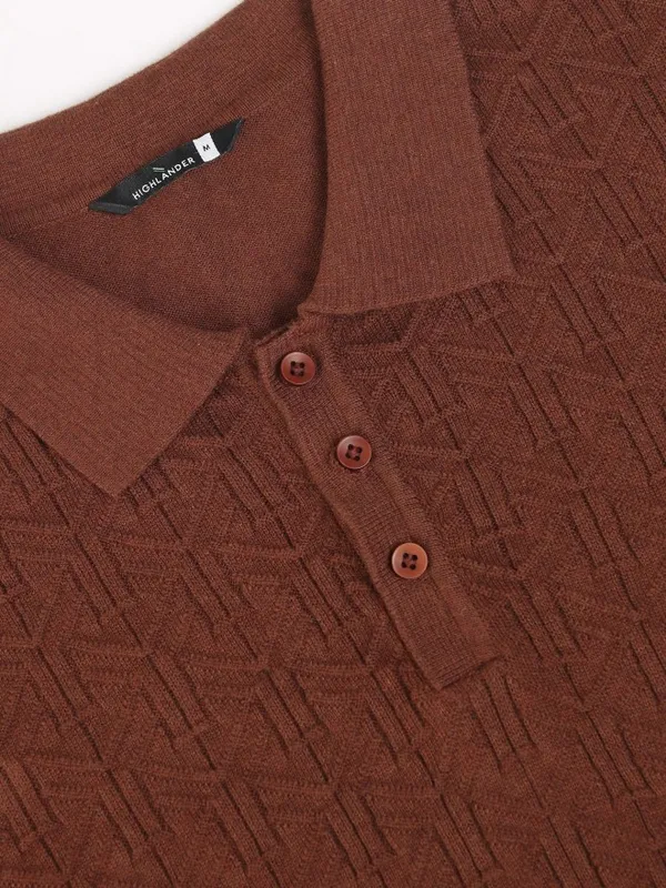 Highlander Men Brown Self Design Polo Collar T-Shirt