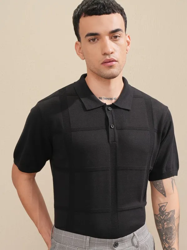 Highlander Men Black Self Design Polo Collar T-Shirt