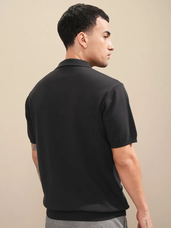 Highlander Men Black Self Design Polo Collar T-Shirt