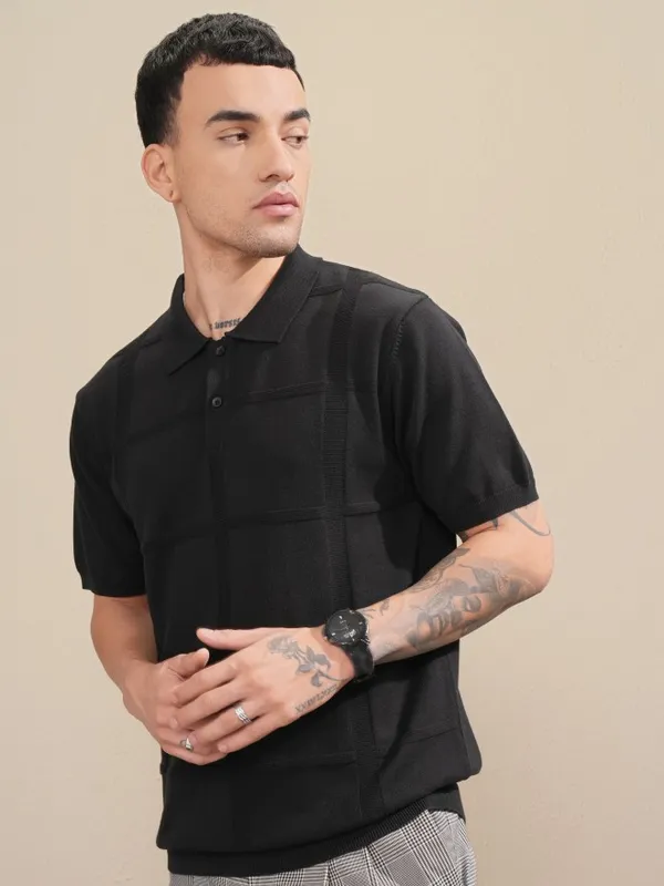 Highlander Men Black Self Design Polo Collar T-Shirt