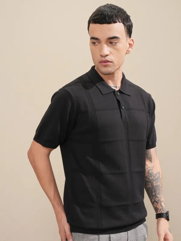 Highlander Men Black Self Design Polo Collar T-Shirt