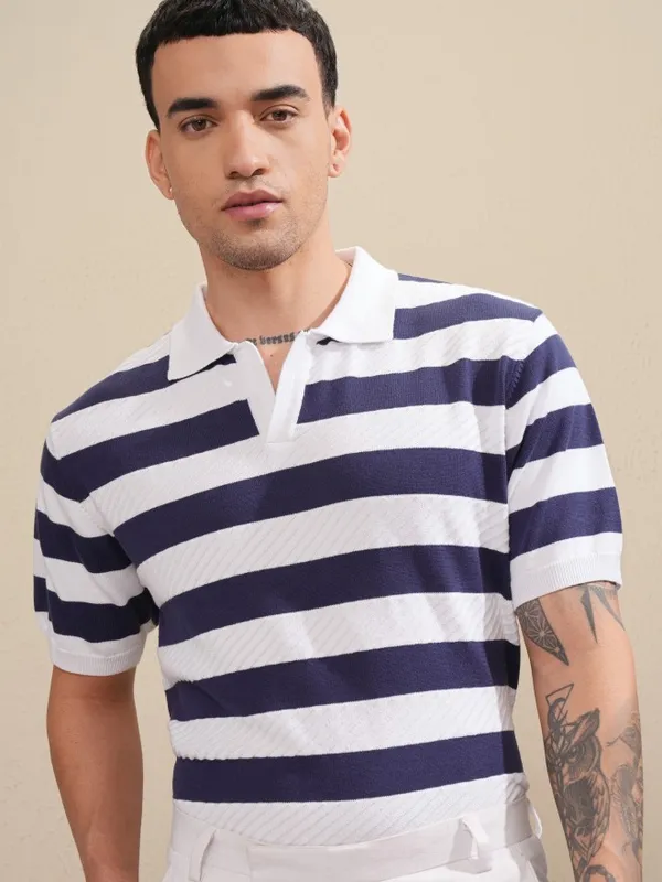 Highlander Men White Striped Polo Collar T-Shirt