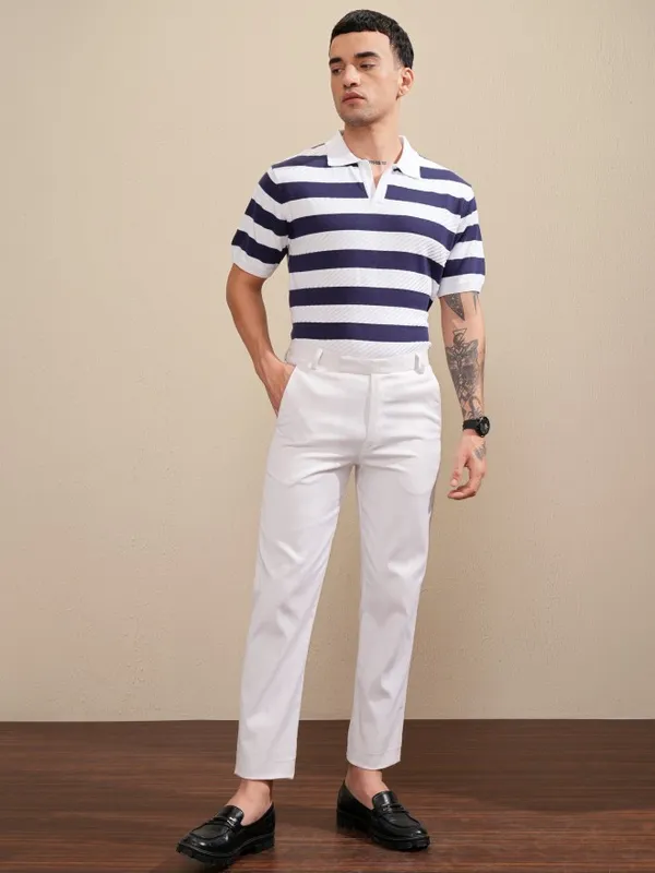 Highlander Men White Striped Polo Collar T-Shirt