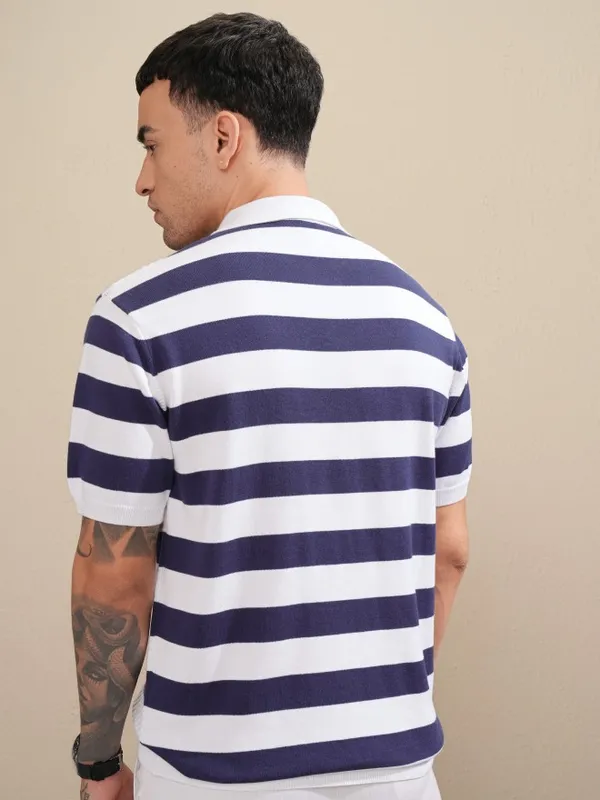 Highlander Men White Striped Polo Collar T-Shirt
