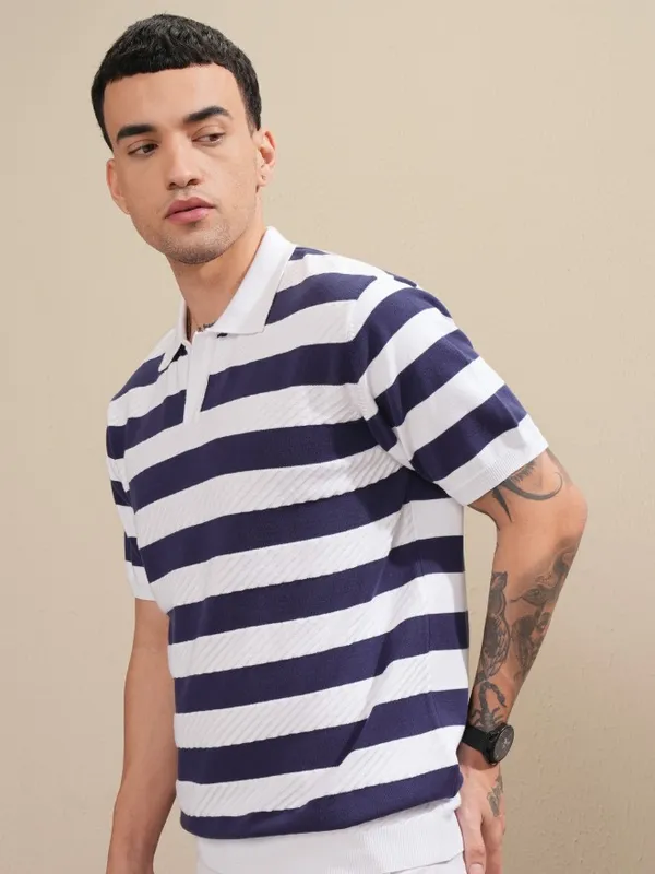 Highlander Men White Striped Polo Collar T-Shirt
