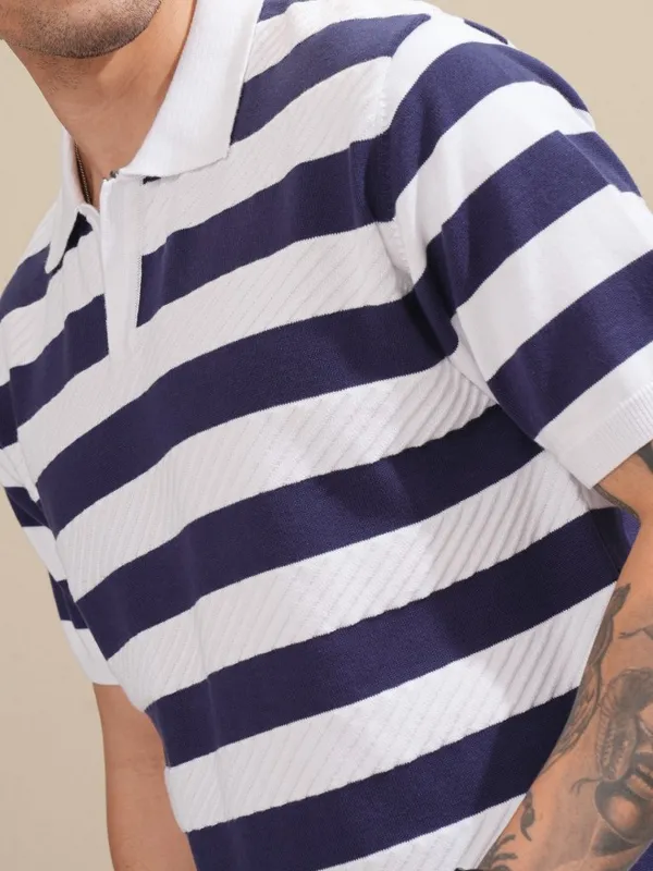 Highlander Men White Striped Polo Collar T-Shirt