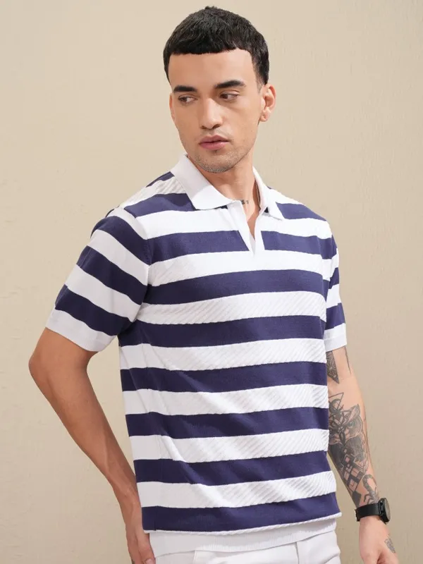 Highlander Men White Striped Polo Collar T-Shirt