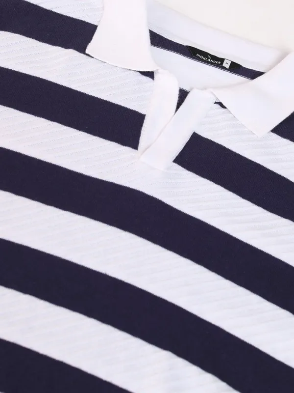 Highlander Men White Striped Polo Collar T-Shirt