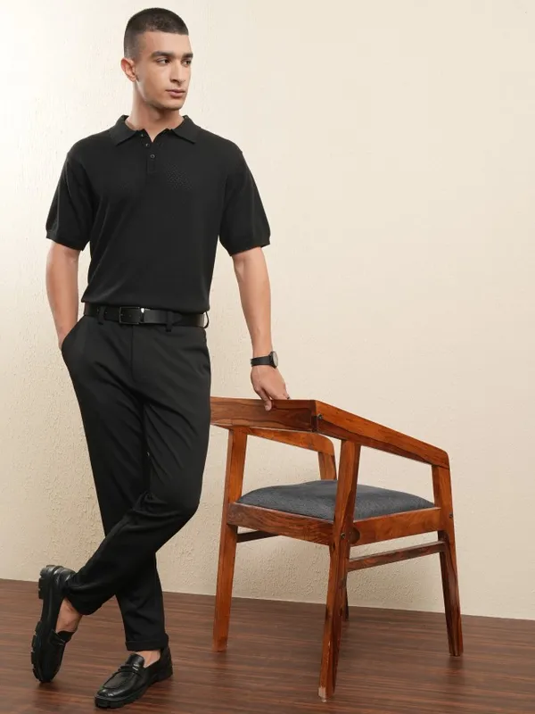 Highlander Men Black Solid Polo Collar T-Shirt