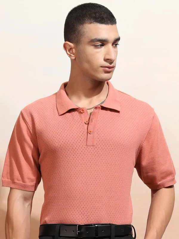 Highlander Men Peach Self Design Polo Collar T-Shirt