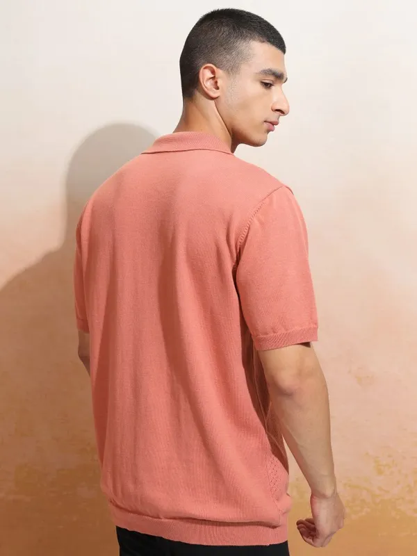 Highlander Men Peach Self Design Polo Collar T-Shirt