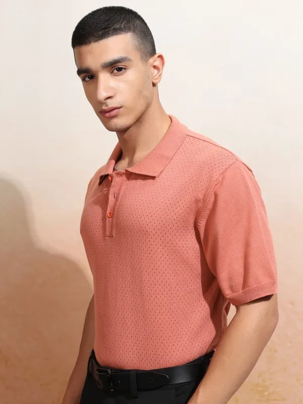 Highlander Men Peach Self Design Polo Collar T-Shirt