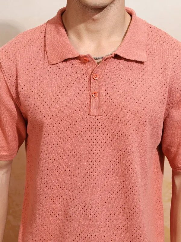 Highlander Men Peach Self Design Polo Collar T-Shirt