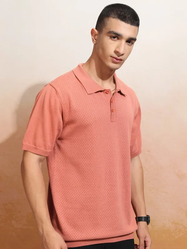 Highlander Men Peach Self Design Polo Collar T-Shirt
