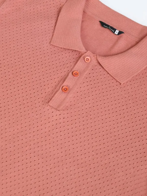 Highlander Men Peach Self Design Polo Collar T-Shirt