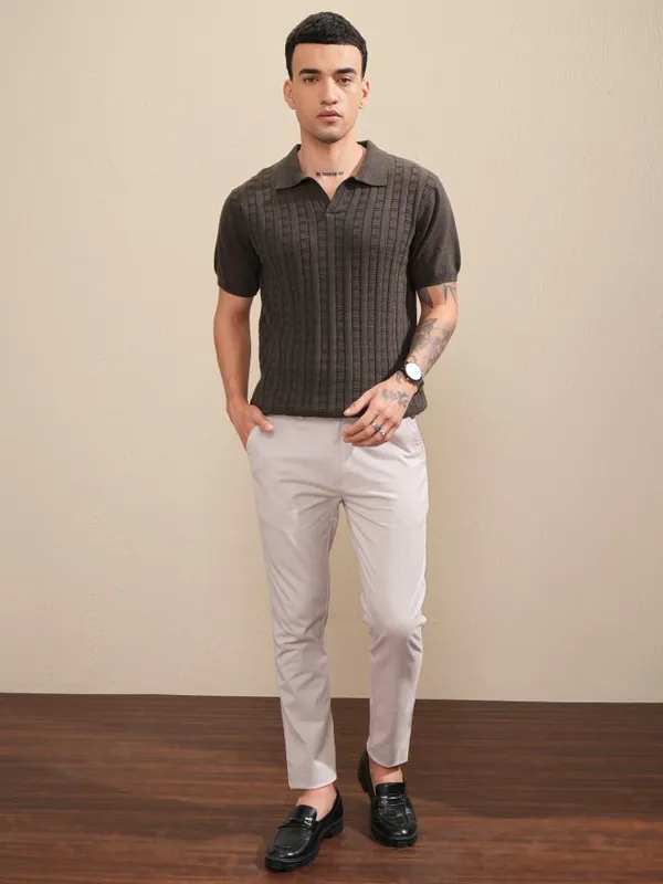 Highlander Men Brown Self Design Polo Collar T-Shirt