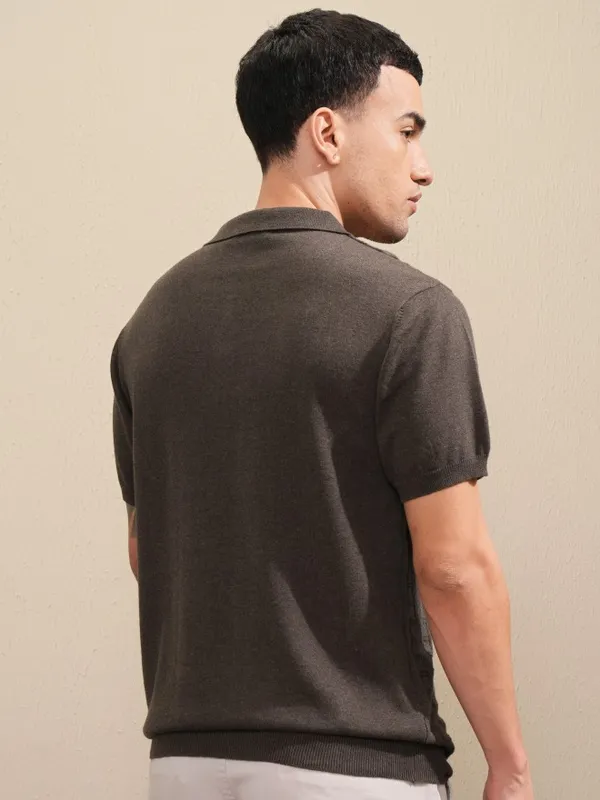 Highlander Men Brown Self Design Polo Collar T-Shirt
