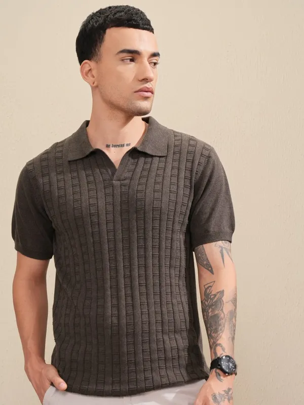 Highlander Men Brown Self Design Polo Collar T-Shirt
