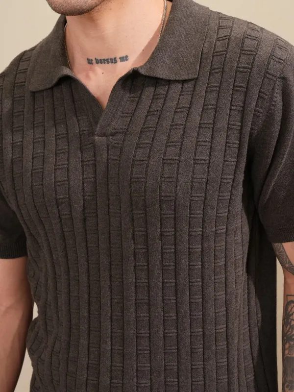 Highlander Men Brown Self Design Polo Collar T-Shirt