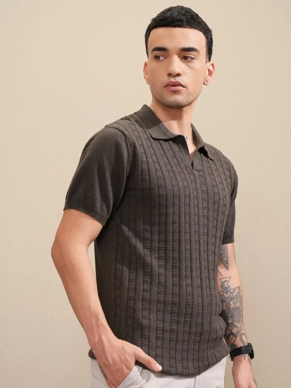 Highlander Men Brown Self Design Polo Collar T-Shirt