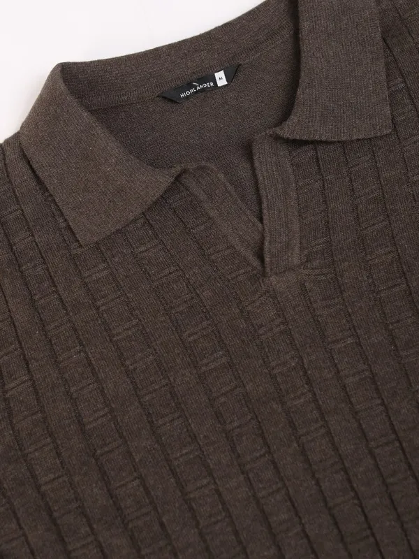 Highlander Men Brown Self Design Polo Collar T-Shirt