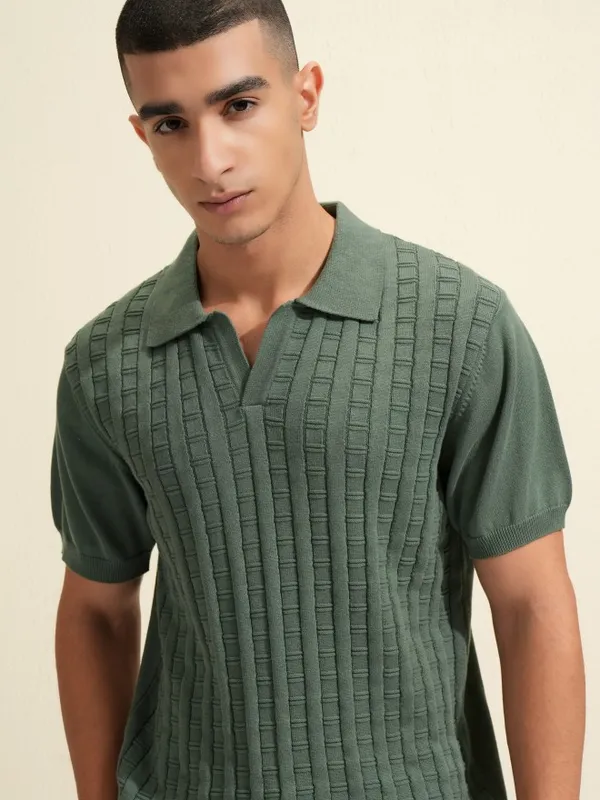 Highlander Men Green Self Design Polo Collar T-Shirt