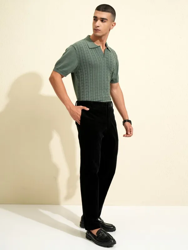 Highlander Men Green Self Design Polo Collar T-Shirt
