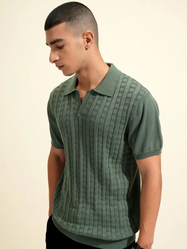 Highlander Men Green Self Design Polo Collar T-Shirt