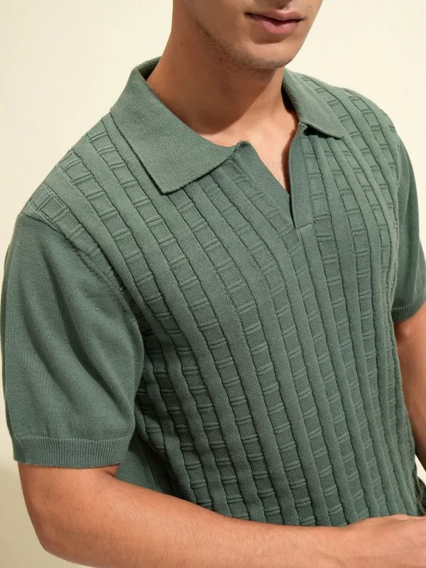 Highlander Men Green Self Design Polo Collar T-Shirt
