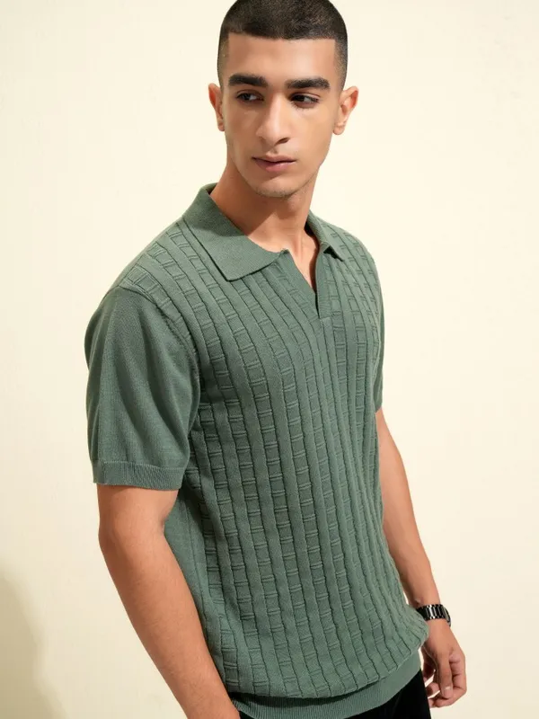 Highlander Men Green Self Design Polo Collar T-Shirt