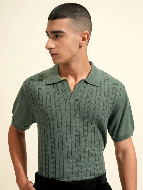 Highlander Men Green Self Design Polo Collar T-Shirt