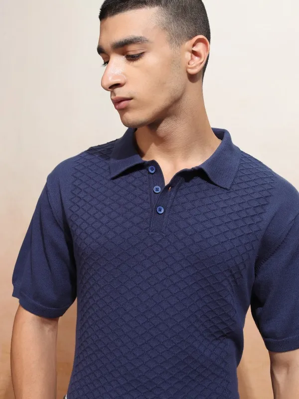 Highlander Men Navy Blue Self Design Polo Collar T-Shirt