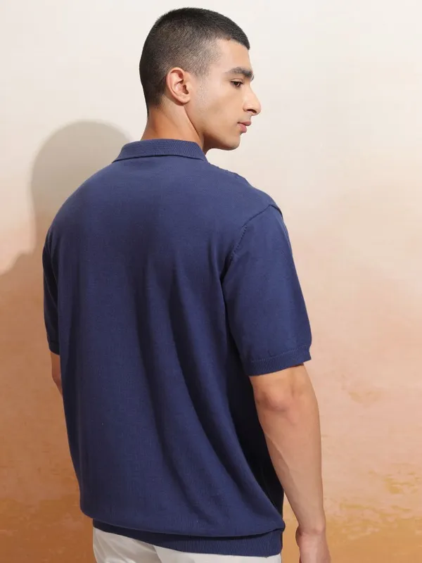 Highlander Men Navy Blue Self Design Polo Collar T-Shirt