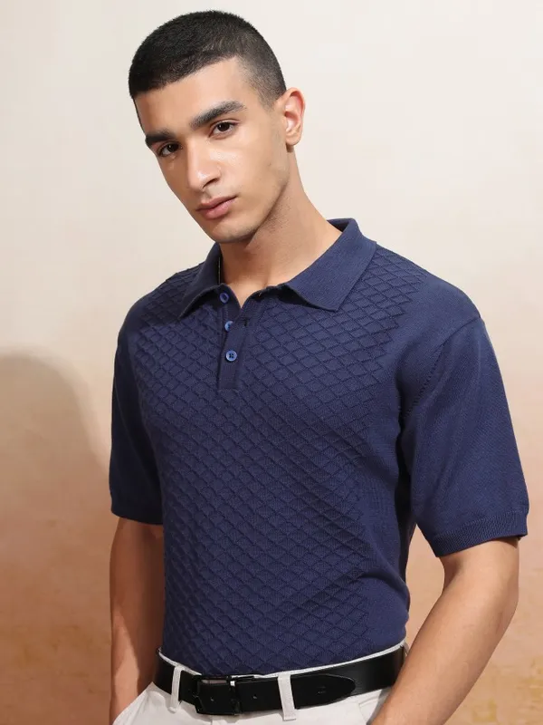 Highlander Men Navy Blue Self Design Polo Collar T-Shirt